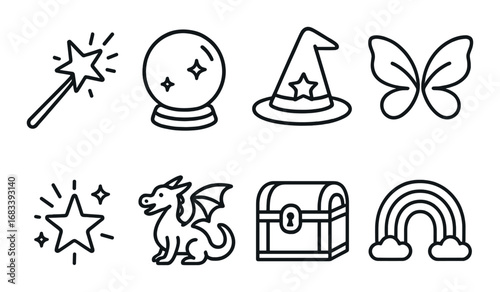 Magical icons: wand, crystal ball, witch hat, butterfly, star, dragon, treasure chest, rainbow
