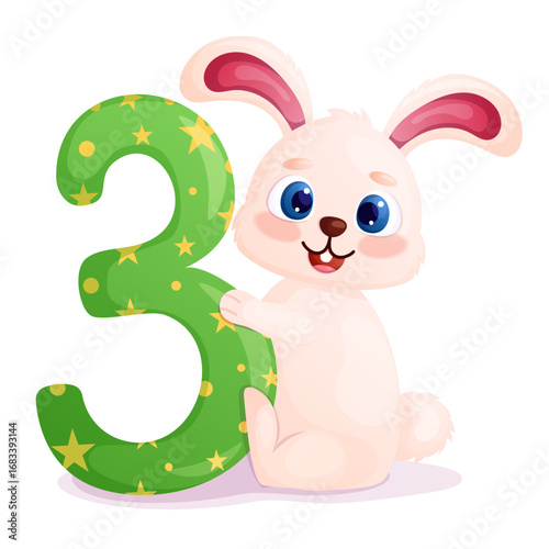 Cute cartoon bunny holding a number three. Kids  third birthday party invitations, greeting card, poster design element. Isolated on white background. Vector illustration.