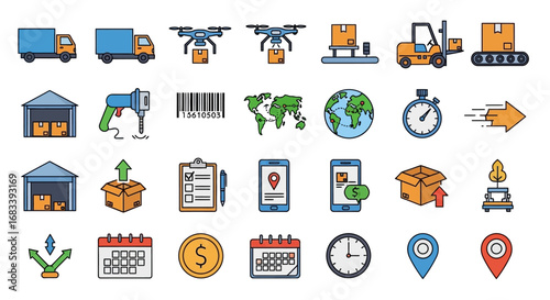 Colorful filled outline icon set for logistics, shipping, and delivery services. Includes truck, drone, warehouse, and tracking symbols.