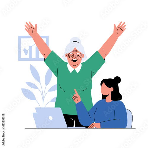 Joyful senior woman celebrating success with younger colleague at workplace