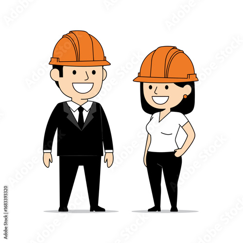 Diverse construction professionals wearing orange hard hats and formal work attire ready to build the future