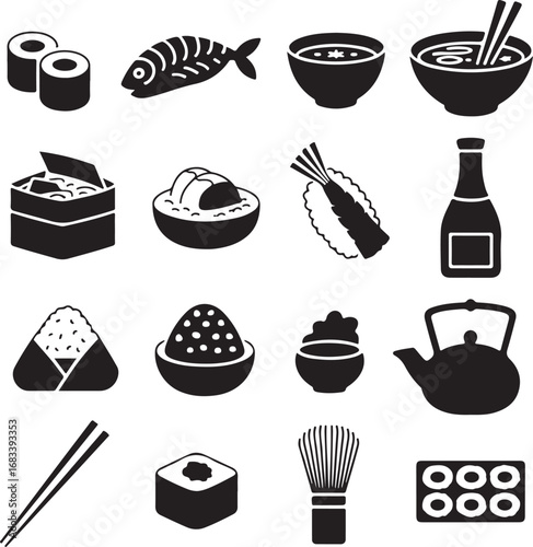 Assortment of Japanese sushi and food icons on white background Keywords: sushi, sashimi, rice