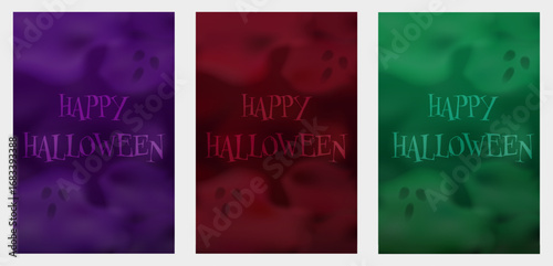 Halloween vertical poster set with  fog background and creepy ghost face. Vector illustration.