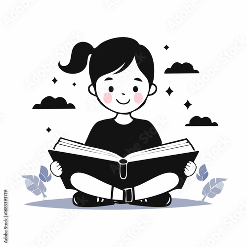 Girl reading book simple line art cross legged pose happy learning experience high quality professional