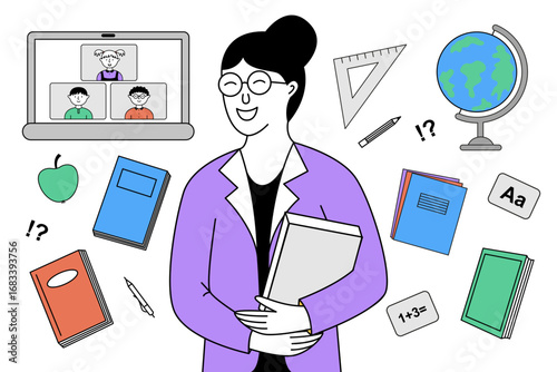 Minimalist linear illustration of a female teacher holding a book, surrounded by school elements.