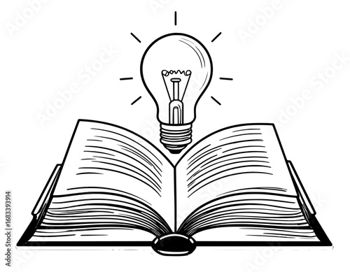 Open book with lightbulb above it Black and white line art Knowledge and inspiration concept high quality professional