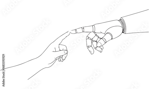 Human and Robot Hands Touching Fingers in a Line Art Illustration
