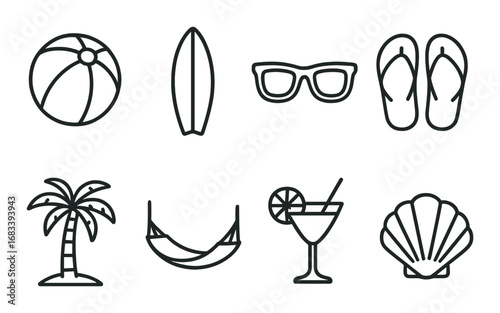 Summer icons: beach ball, surfboard, sunglasses, flip flops, palm tree, hammock, cocktail, seashell