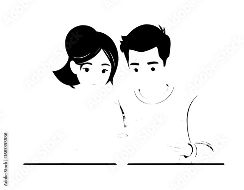 Couple Looking at Laptop Computer Screen Black and White Minimalist Style Modern Technology high quality professional
