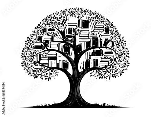 Tree of knowledge Engraved style Books as leaves Learning and wisdom Education concept high quality professional