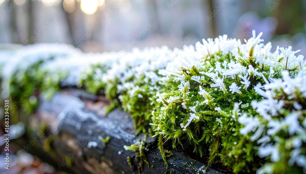 Obraz premium Delicate frost crystals adorn vibrant green moss on a weathered log, showcasing the beauty of a winter's day.