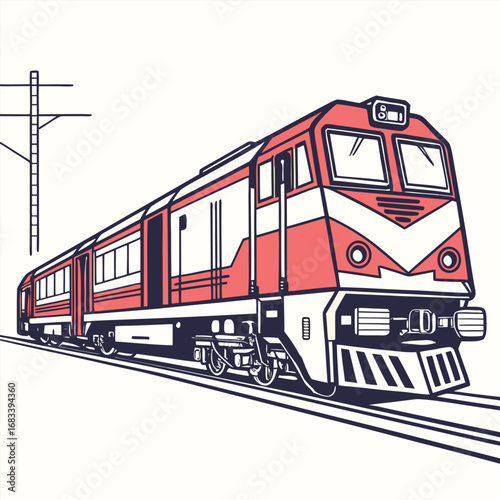 A unique design of a modern diesel train bogie, a detailed illustration of the wheel assembly and suspension system. Ideal for technical diagrams on train mechanics.