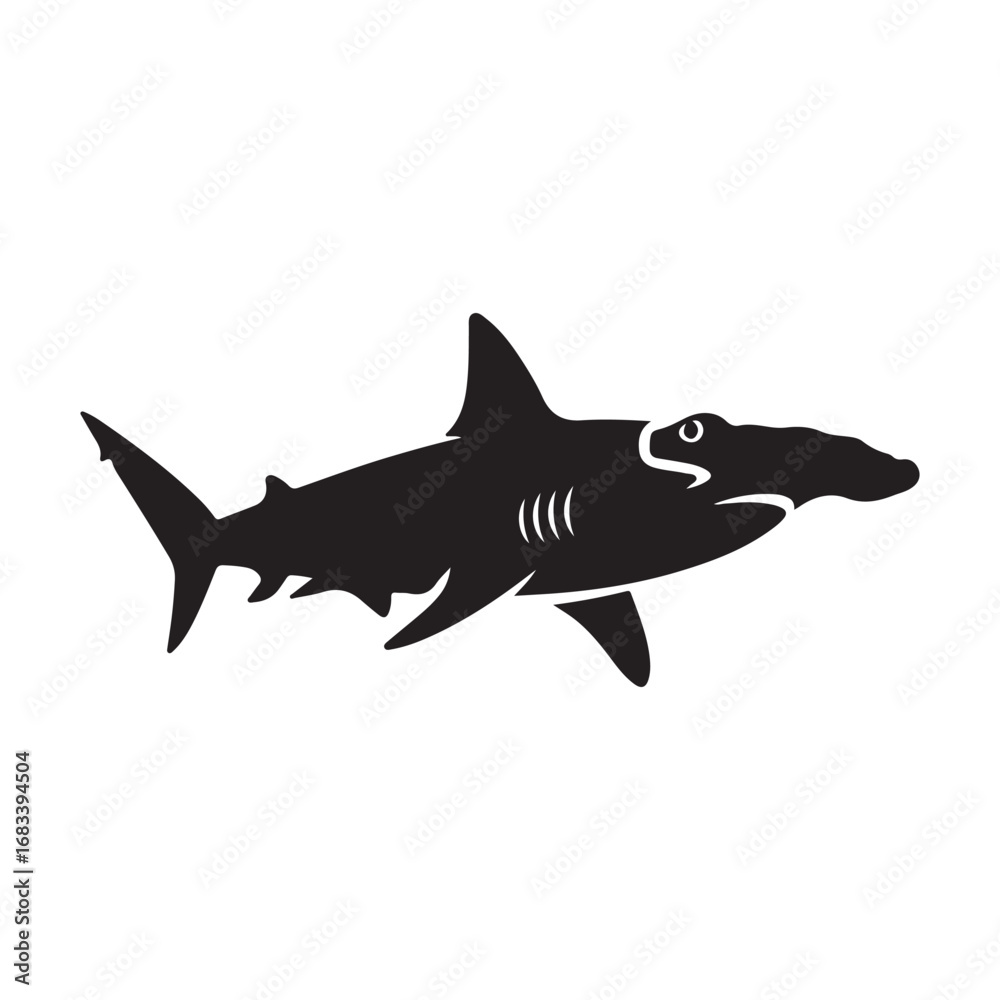 Fototapeta premium Black Silhouette Hammerhead Shark Isolated on White Background