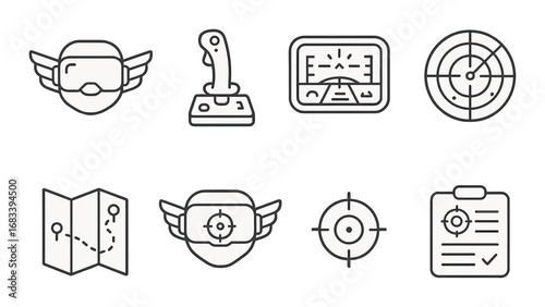 Aviation icon set featuring cockpit, radar, and navigation elements