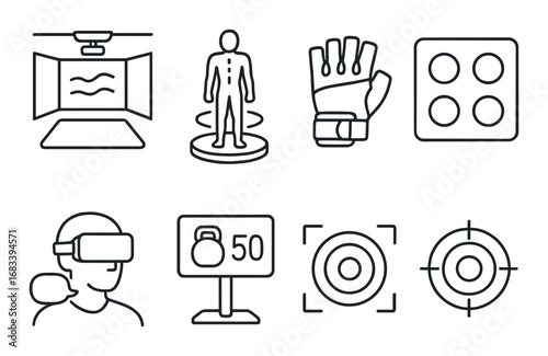 Virtual reality icons set with headset, glove, and target symbols on metallic background