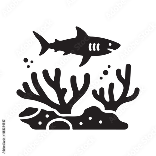 Silhouette Illustration of Shark and Coral Reef