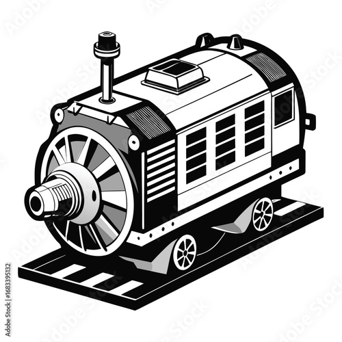 A unique design of a modern electric train motor, representing the power source and mechanical heart of the train. Ideal for illustrating clean energy and propulsion.