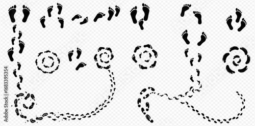 Footprint trails showing different paths, including straight lines, curves, and circular patterns.