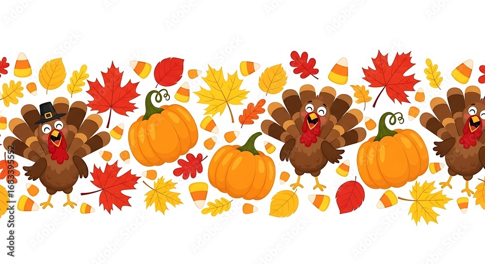Obraz premium Thanksgiving Turkey Pumpkin Leaf Border