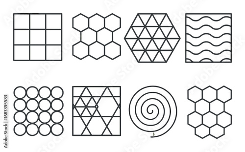 Collection of geometric patterns and spirals on metallic background