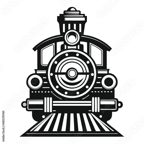 A front view of a unique steam engine, a powerful and imposing perspective that highlights the grandeur and power of the locomotive. Perfect for high-impact visual design.