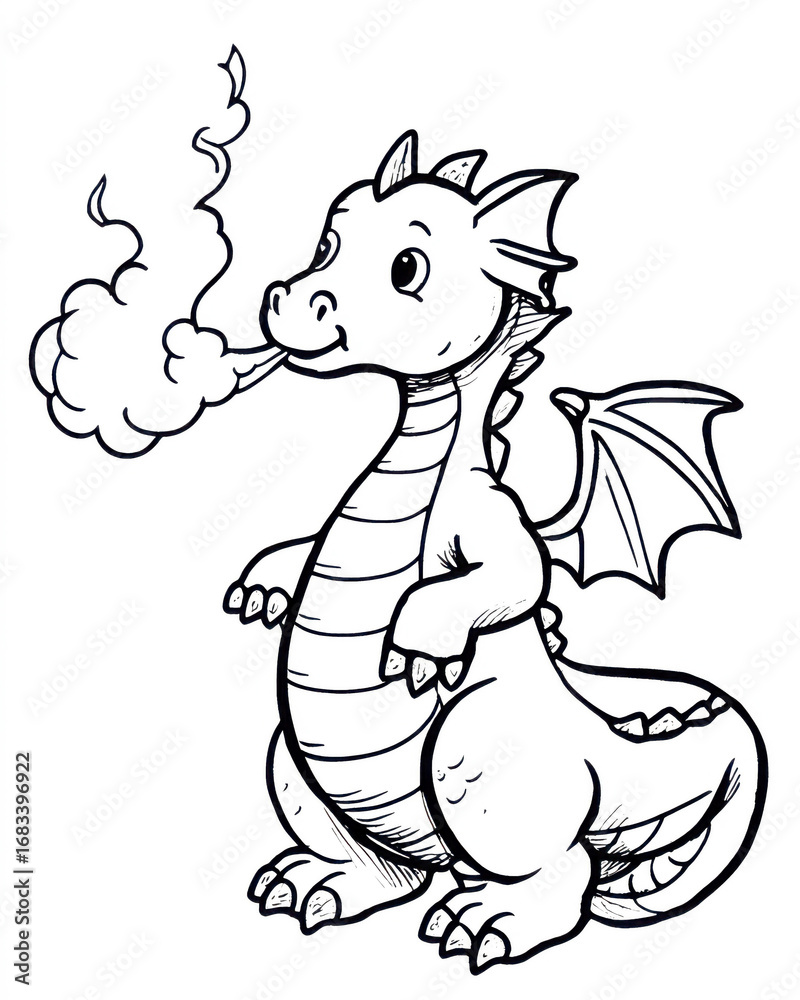Naklejka premium Friendly dragon breathing tiny fire for children's coloring activity at home