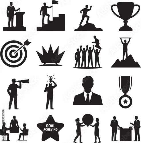 Business success and achievement icons with people and awards Keywords: success, achievement