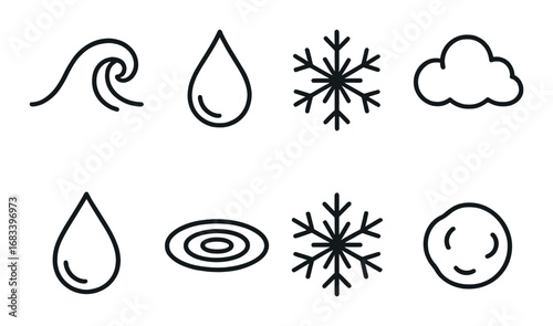 Minimalist weather icons: wave, raindrop, snowflake, cloud, water, swirl, face