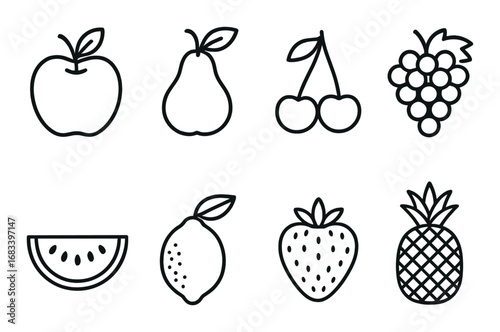 Minimalist fruit icons: apple, pear, cherry, grape, watermelon, lemon, strawberry, pineapple