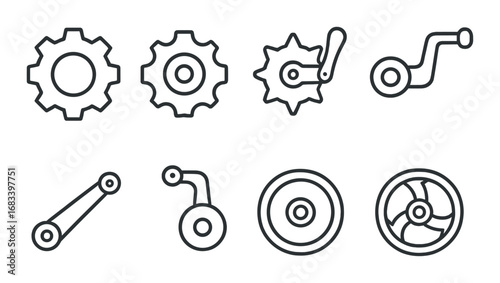 Set of eight industrial machine gears and mechanical components