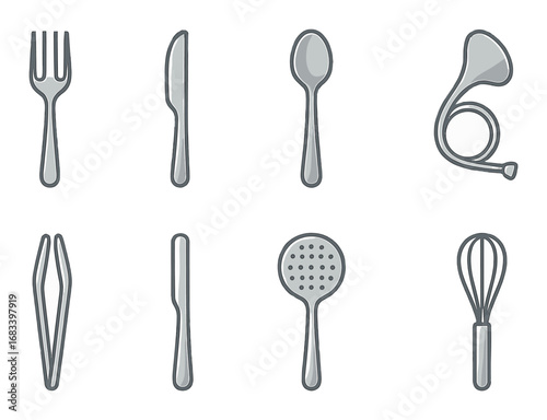 Minimalist kitchen utensils icon set on black background