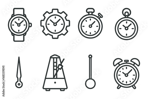 Collection of timekeeping icons: watches, stopwatch, metronome, sundial, and pendulum designs