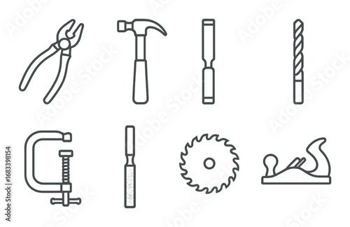 Silhouettes of essential hand tools for carpentry and woodworking