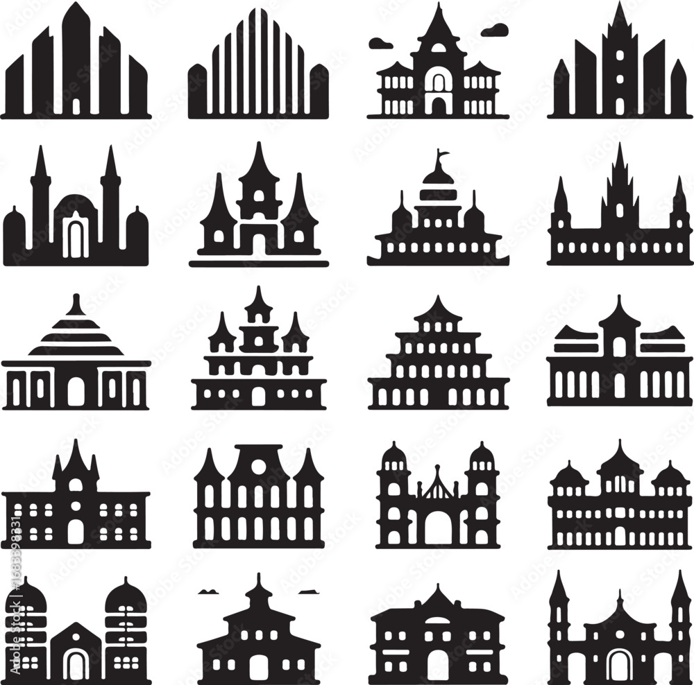 Obraz premium Set of black and white architectural building and castle icons Keywords: building, architecture
