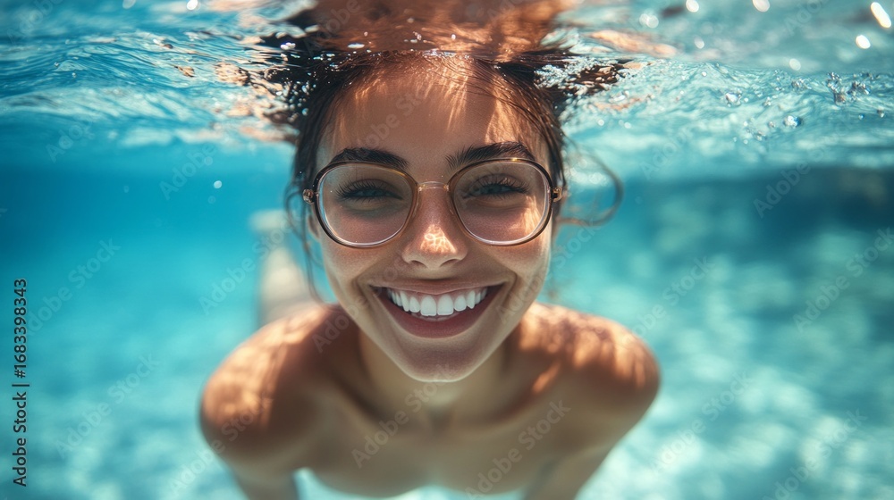 Naklejka premium A girl wearing glasses smiles underwater in a swimming pool — conveying joy, active recreation, and water sports themes.
