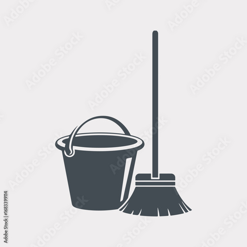 Mop Bucket Isolated Simple Vintage Graphic, Mop And Bucket Vector Drawing Clip Icon Set