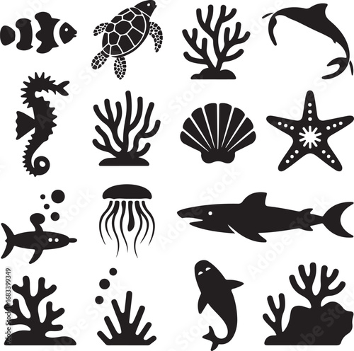Underwater sea life and coral reef icons in silhouette ocean marine