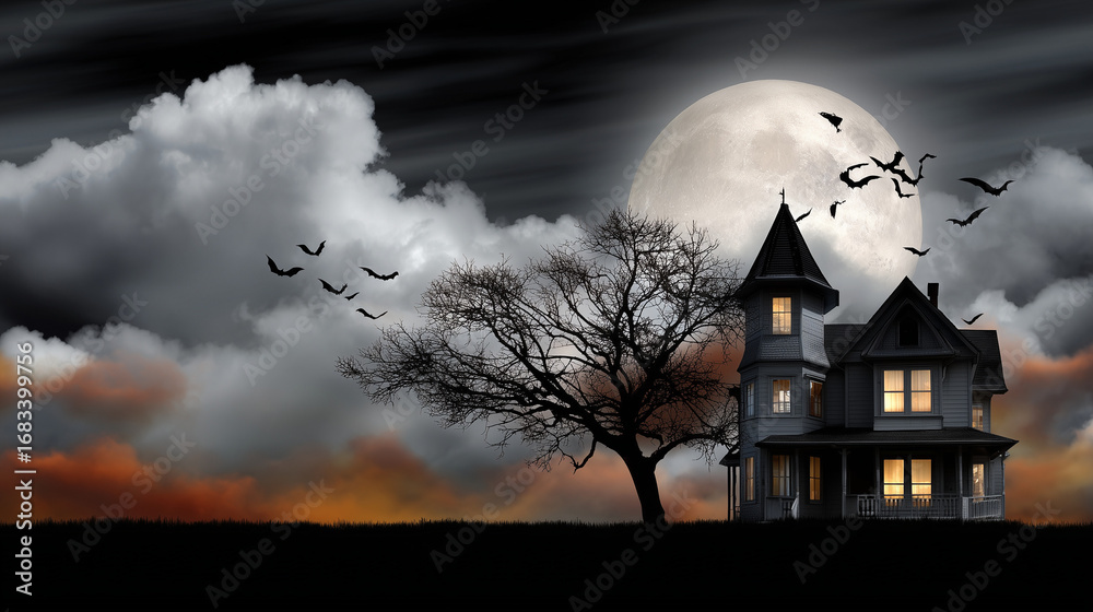 Fototapeta premium A spooky haunted house with glowing windows stands beside a leafless tree under a dramatic night sky. A large full moon illuminates the scene as a flock of bats flies across the clouds, creating an ee