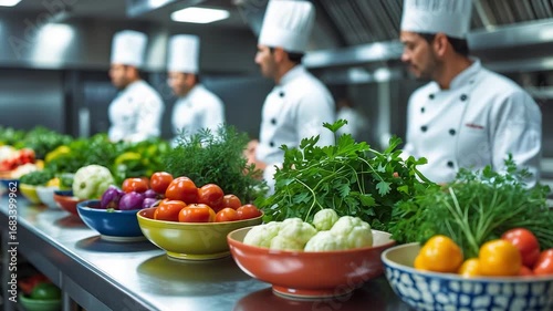 Professional chefs in uniform preparing fresh vegetables and herbs in a modern stainless steel commercial kitchen environment