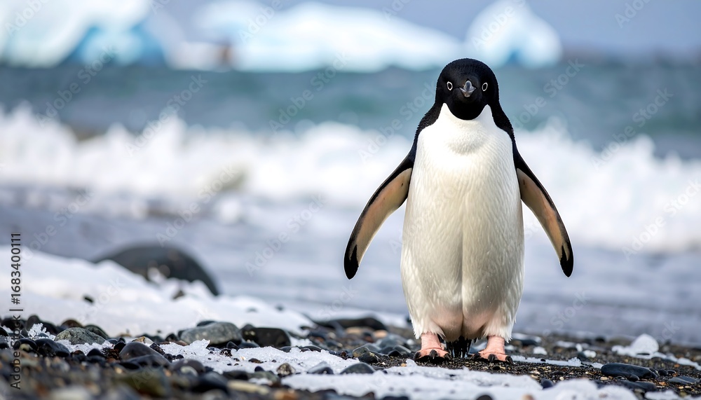 Obraz premium A single Adelie penguin stands proudly on a rocky Antarctic beach, its black and white plumage contrasting beautifully against the icy waves and distant icebergs.