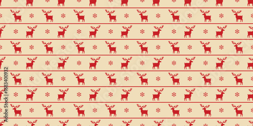 Seamless pattern with red deer silhouettes Horizontal rows snowflakes decorative lines Winter Christmas Nordic background for festive textile and wrapping design Beige background