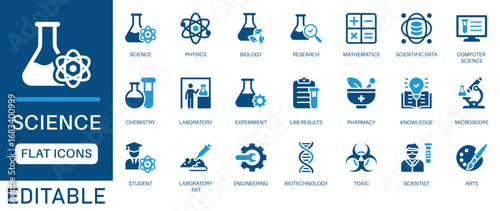 Science icon set. Containing biology, laboratory, experiment, scientist, research, physics, chemistry and more. perfect flat icon collection.