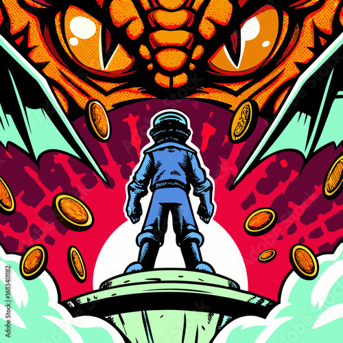 Space explorer faces dragon while standing on a platform