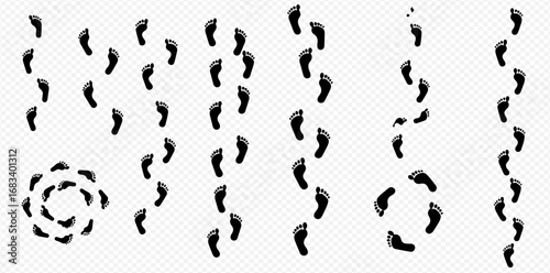 Illustration depicting various patterns of human footprints, including straight lines, curves, and circular arrangements, on a transparent background.