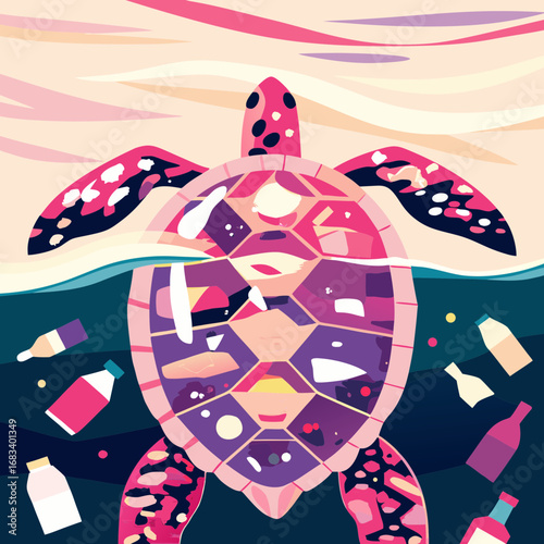 Turtle swimming amidst ocean pollution and plastic waste