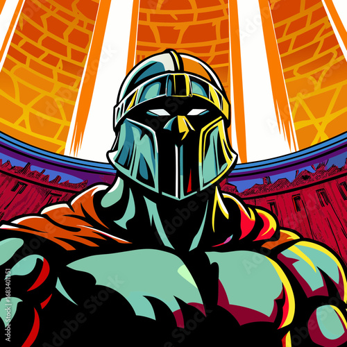 Warrior in armor stands strong under a vibrant sun