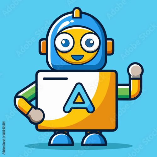 Friendly robot character waving hello in bright blue background