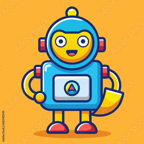 Cheerful robot in a blue outfit on a yellow backdrop