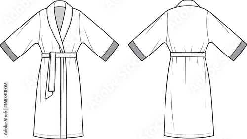 Bathrobe vector fashion sketch, belted robe design, technical cad drawing, flat front and back view, cozy sleepwear illustration