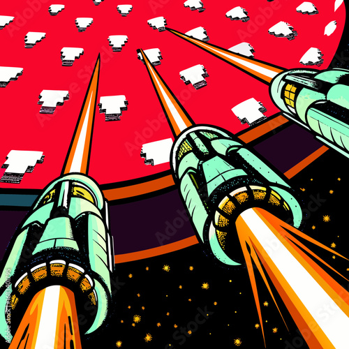 Colorful futuristic rocket scene with vibrant background and details
